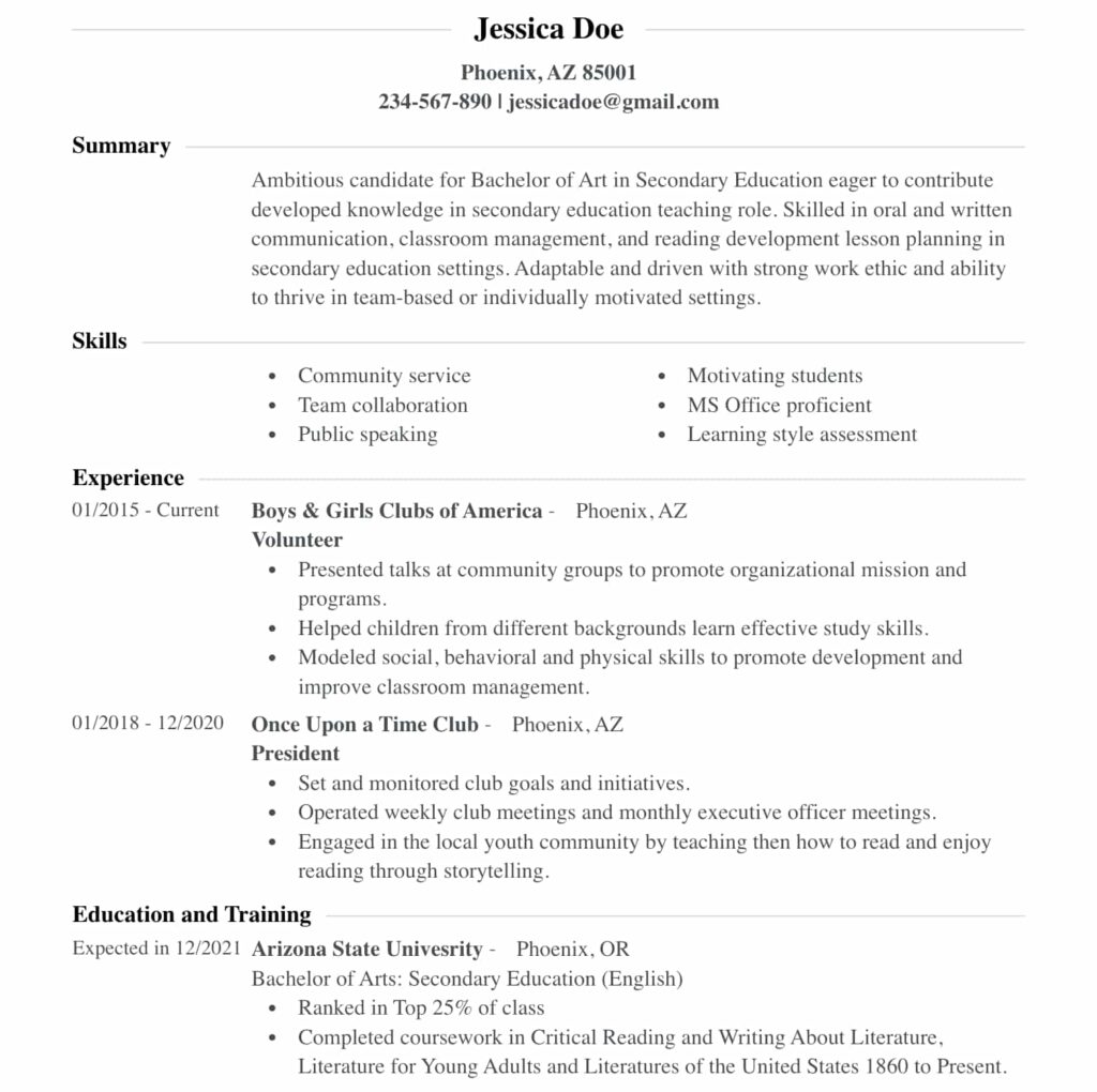 simple resume examples for students with no experience